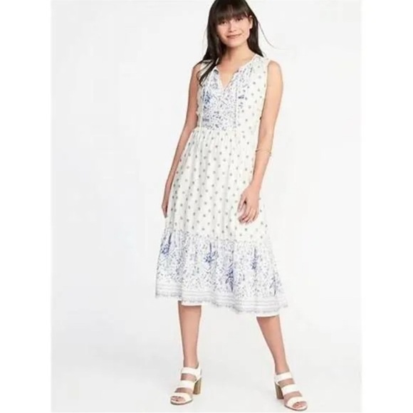 Old Navy Blue & White Tie Smocked Bodice Midi Dress sz M Cottagecore Boho Fairy - Picture 2 of 12